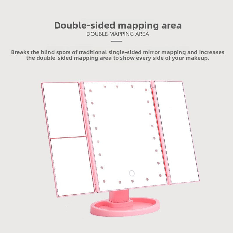 Three-fold makeup mirror with lamp