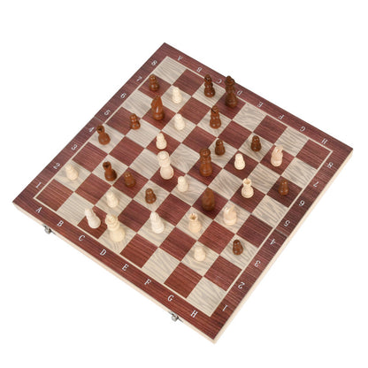 Three-in-One Wooden Chess Checkers Backgammon Board Game Set