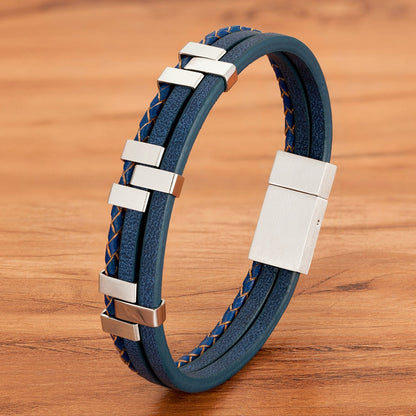 Three Layer Leather Stainless Steel Mens Bracelet