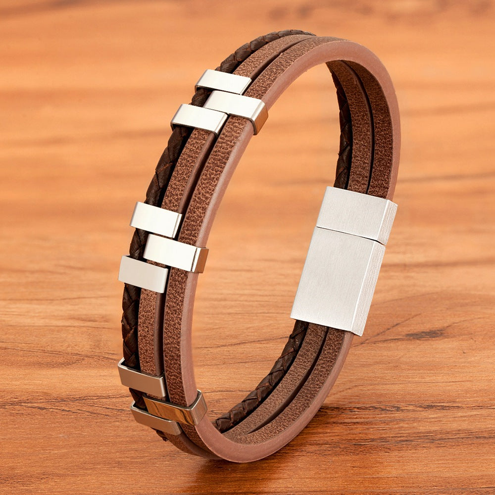 Three Layer Leather Stainless Steel Mens Bracelet