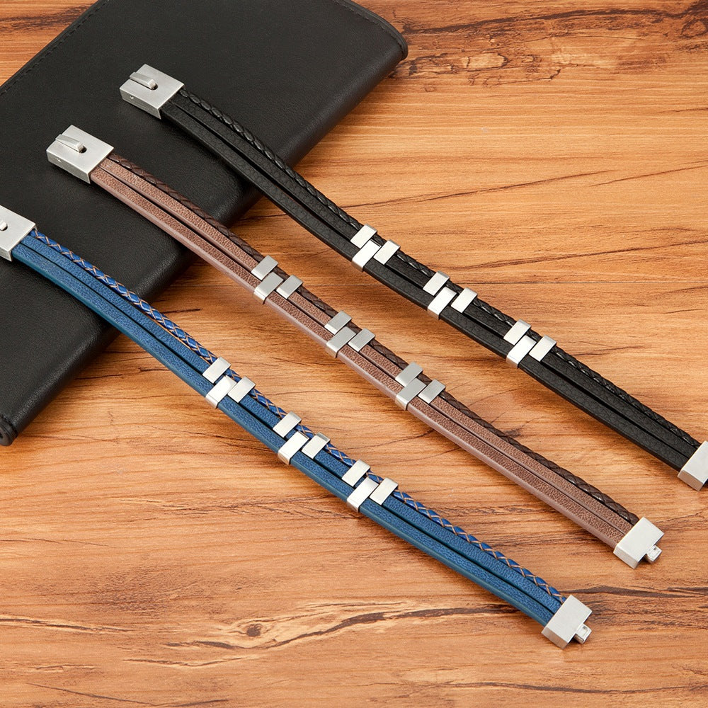 Three Layer Leather Stainless Steel Mens Bracelet