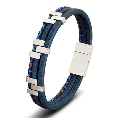 Three Layer Leather Stainless Steel Mens Bracelet
