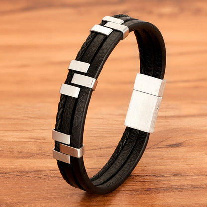 Three Layer Leather Stainless Steel Mens Bracelet