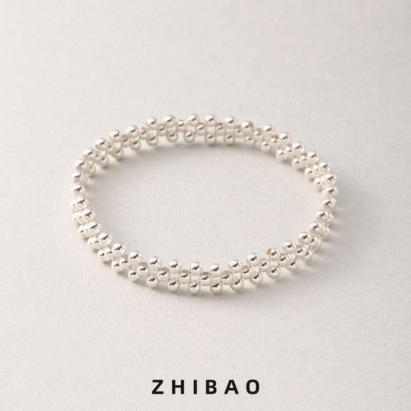Three-Layer Sterling Silver Bead Bracelet Women's Minimalist Stretch Design