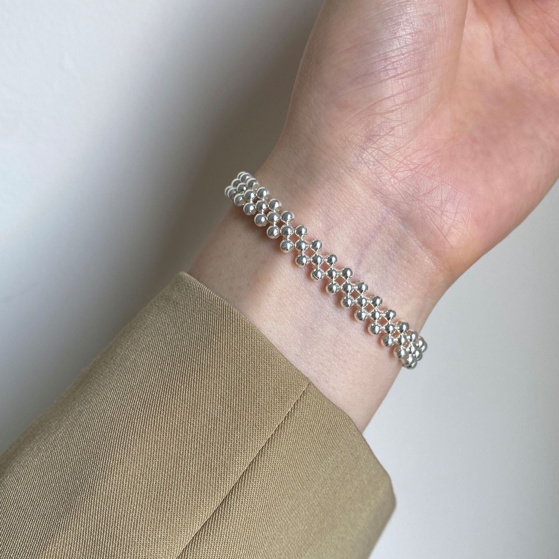 Three-Layer Sterling Silver Bead Bracelet Women's Minimalist Stretch Design