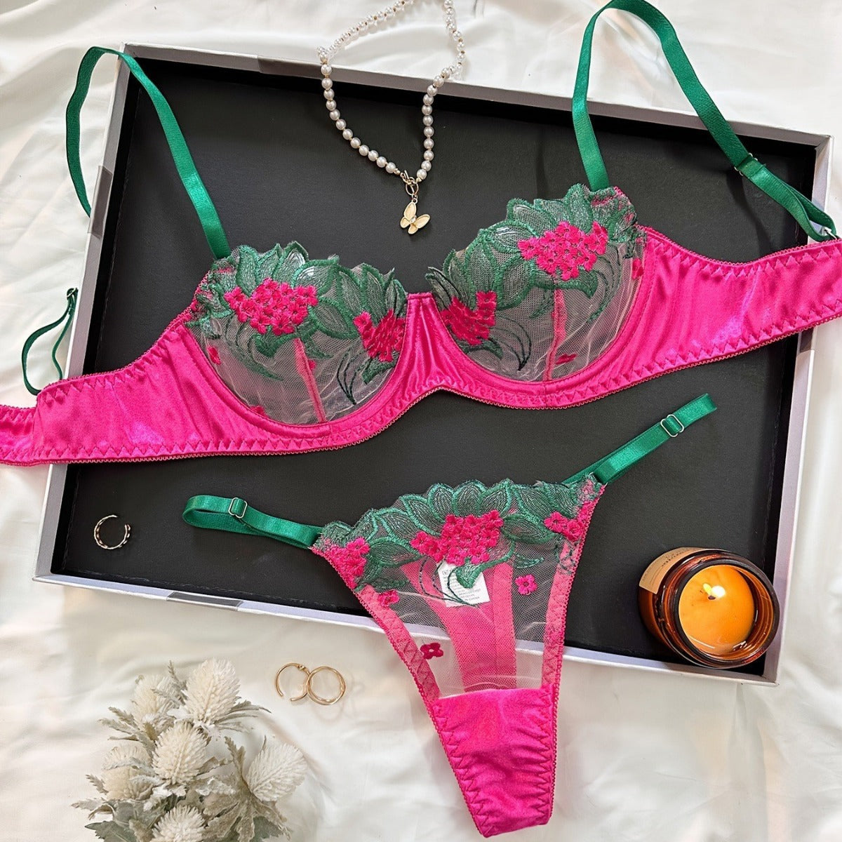 Three-pointed mesh embroidered sheer set