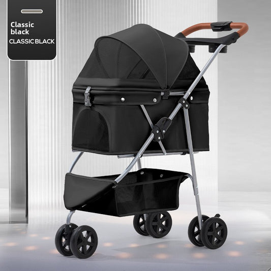 Three-wheel foldable pet stroller with tray