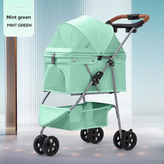Three-wheel foldable pet stroller with tray
