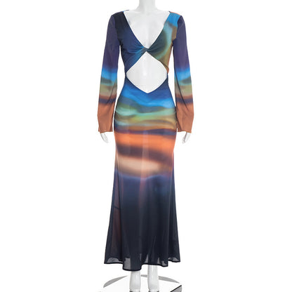 Tie-Dye Mesh Long Sleeve Backless Dress