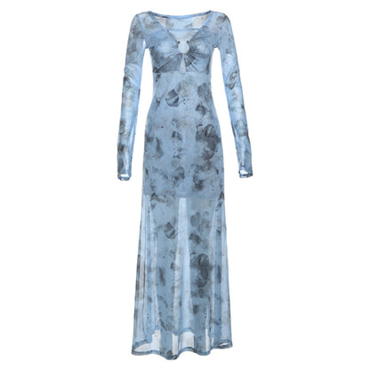 Tie-Dye Mesh Long Sleeve Dress for Women