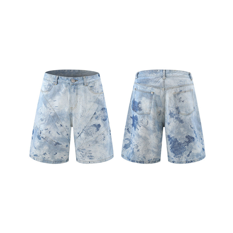 Tie-dyed gradient denim short-sleeved top and shorts set