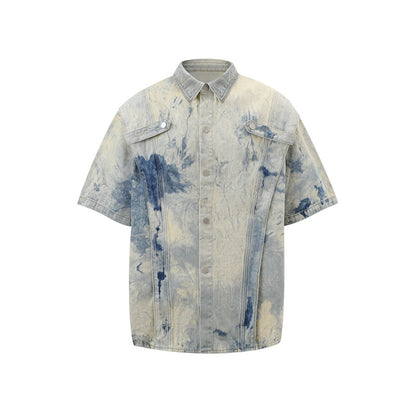 Tie-dyed gradient denim short-sleeved top and shorts set