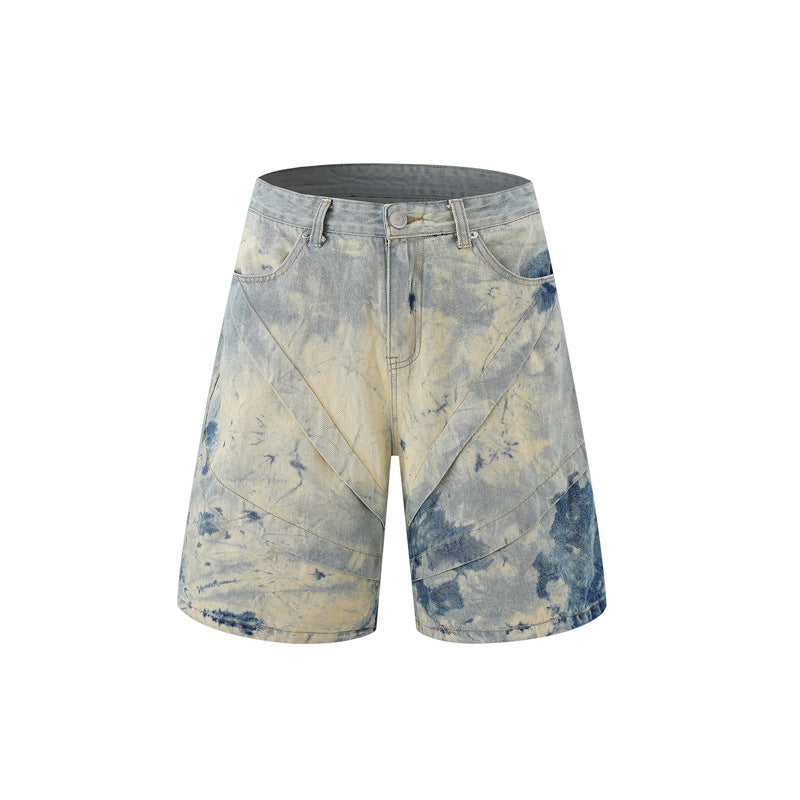 Tie-dyed gradient denim short-sleeved top and shorts set