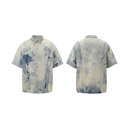 Tie-dyed gradient denim short-sleeved top and shorts set