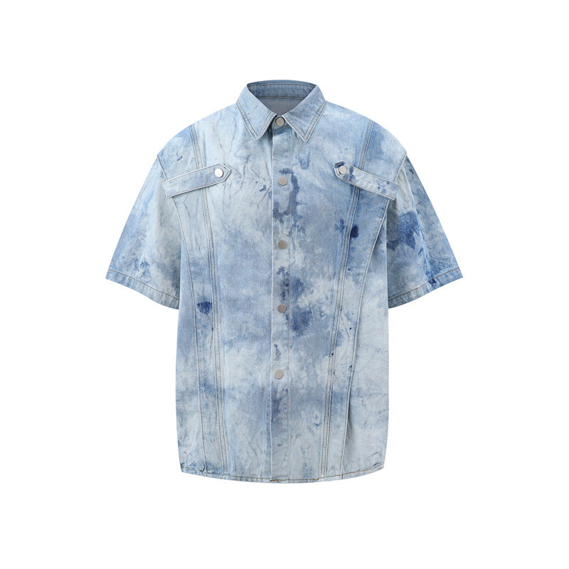 Tie-dyed gradient denim short-sleeved top and shorts set