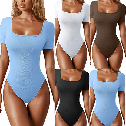 Tight Square Neck Short Sleeve Jumpsuit