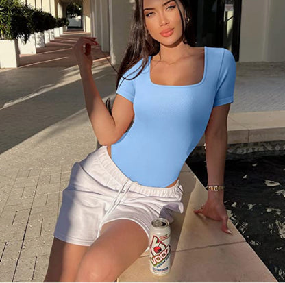 Tight Square Neck Short Sleeve Jumpsuit