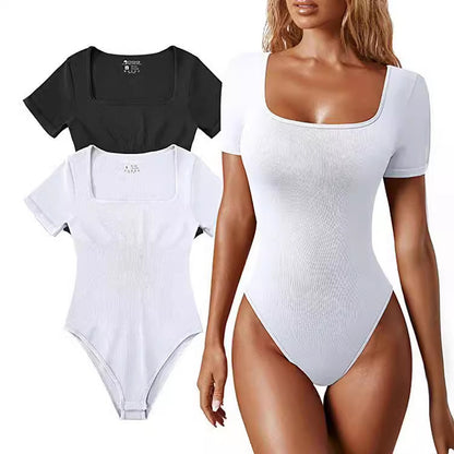 Tight Square Neck Short Sleeve Jumpsuit
