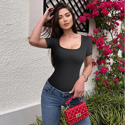 Tight Square Neck Short Sleeve Jumpsuit