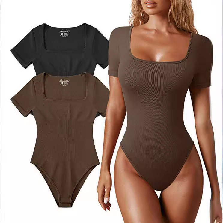 Tight Square Neck Short Sleeve Jumpsuit