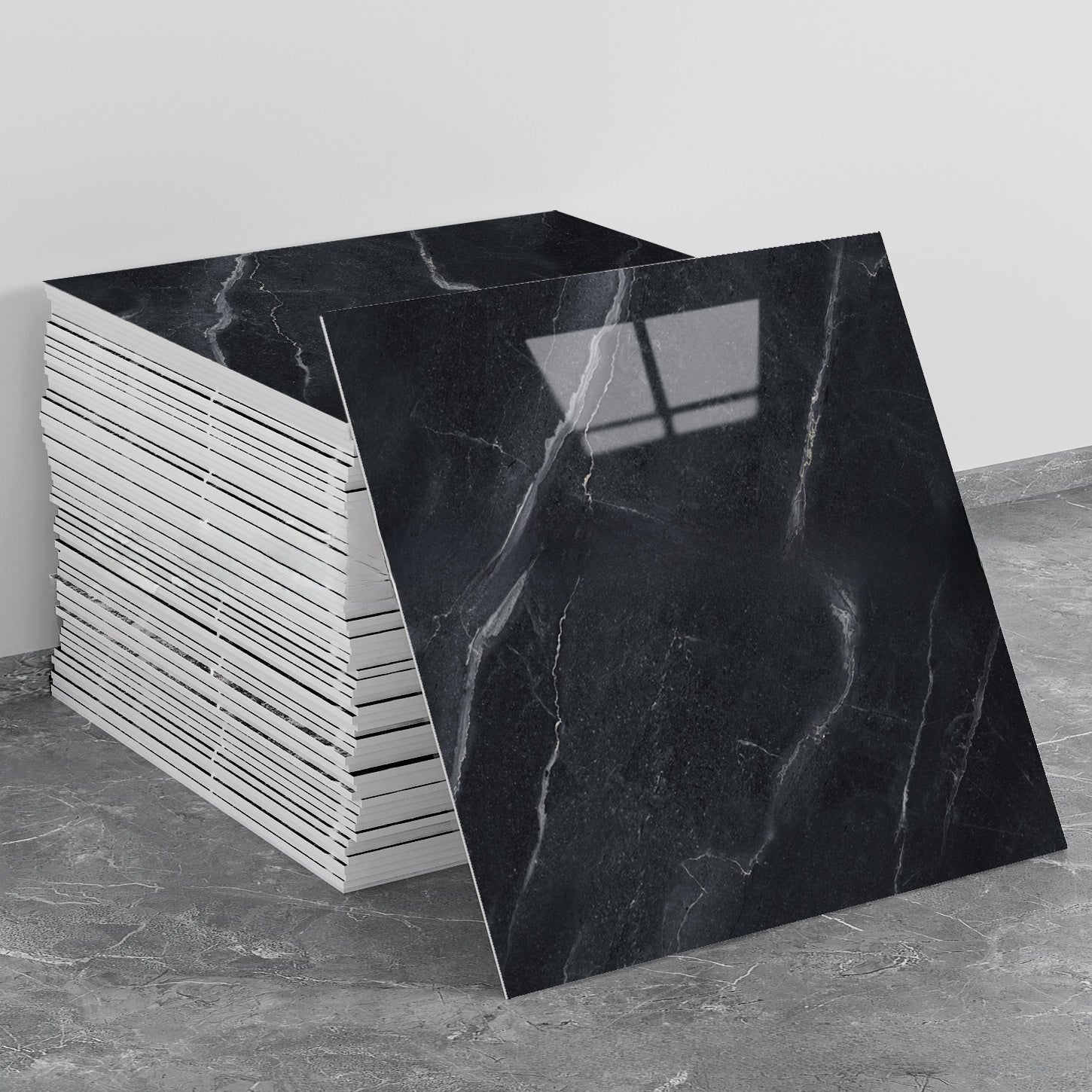 Tile stickers are pasted on the imitation marble wall
