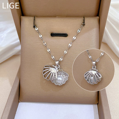 Titanium Steel Diamond Micro Zircon Hollow Shell Pearl Necklace
