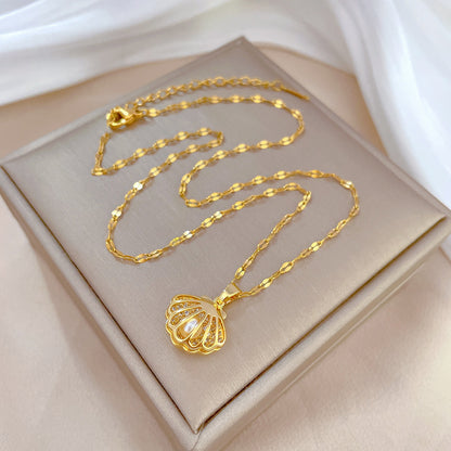 Titanium Steel Diamond Micro Zircon Hollow Shell Pearl Necklace