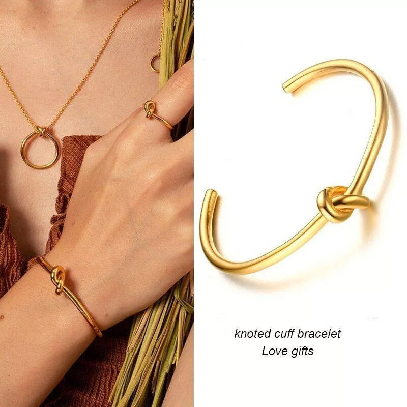 Titanium Steel Knot C-Shaped Bracelet and Stud Earrings