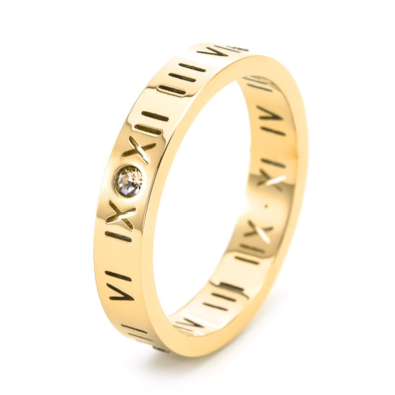 Titanium Steel Roman Numeral Diamond Ring