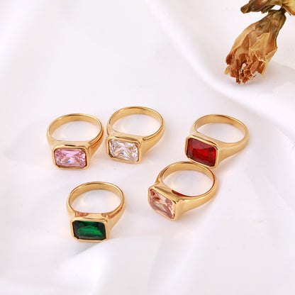 Titanium Steel Square Diamond Ring Gold Plated