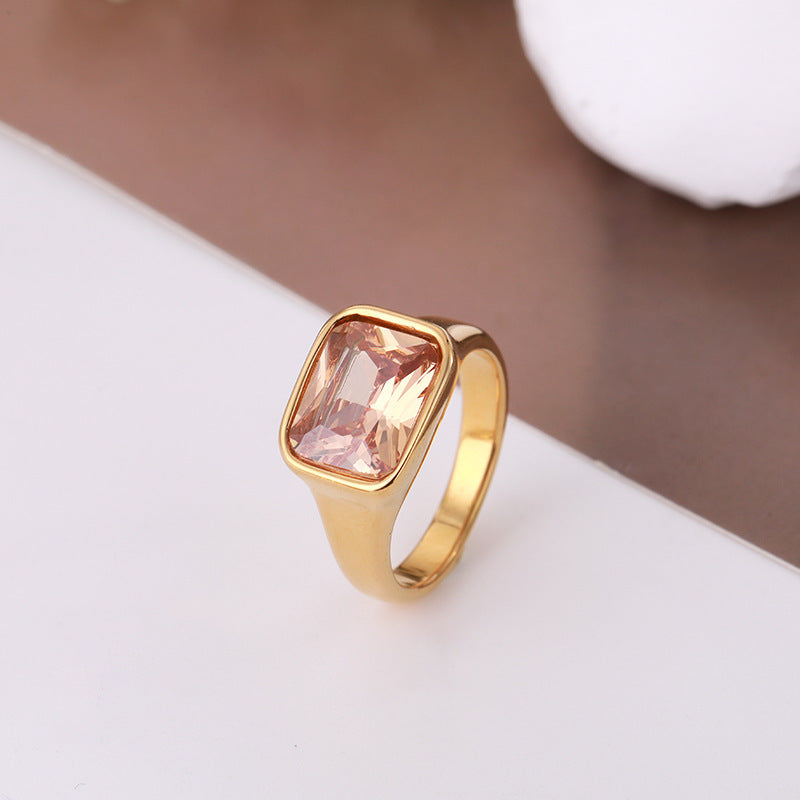 Titanium Steel Square Diamond Ring Gold Plated