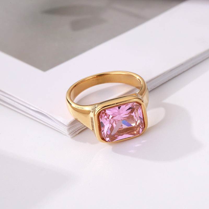 Titanium Steel Square Diamond Ring Gold Plated