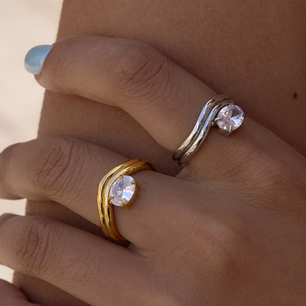 Titanium Steel Zircon Geometric Ring