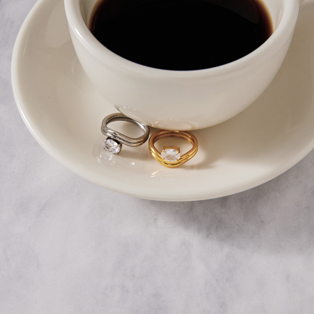 Titanium Steel Zircon Geometric Ring