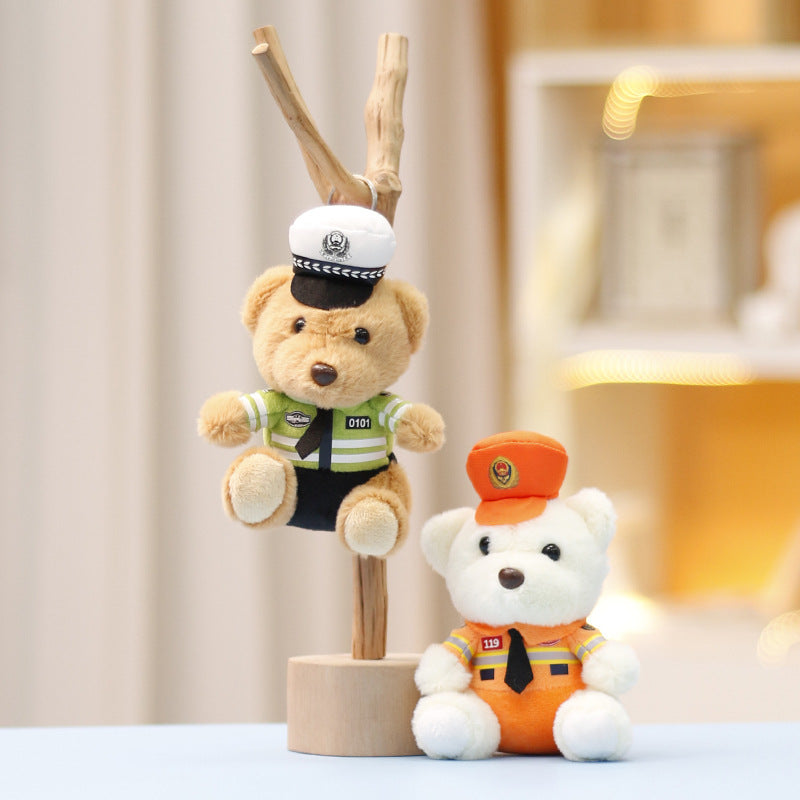 Traffic police teddy bear plush toy, police teddy bear cute doll bag decoration, doll keychain pendant