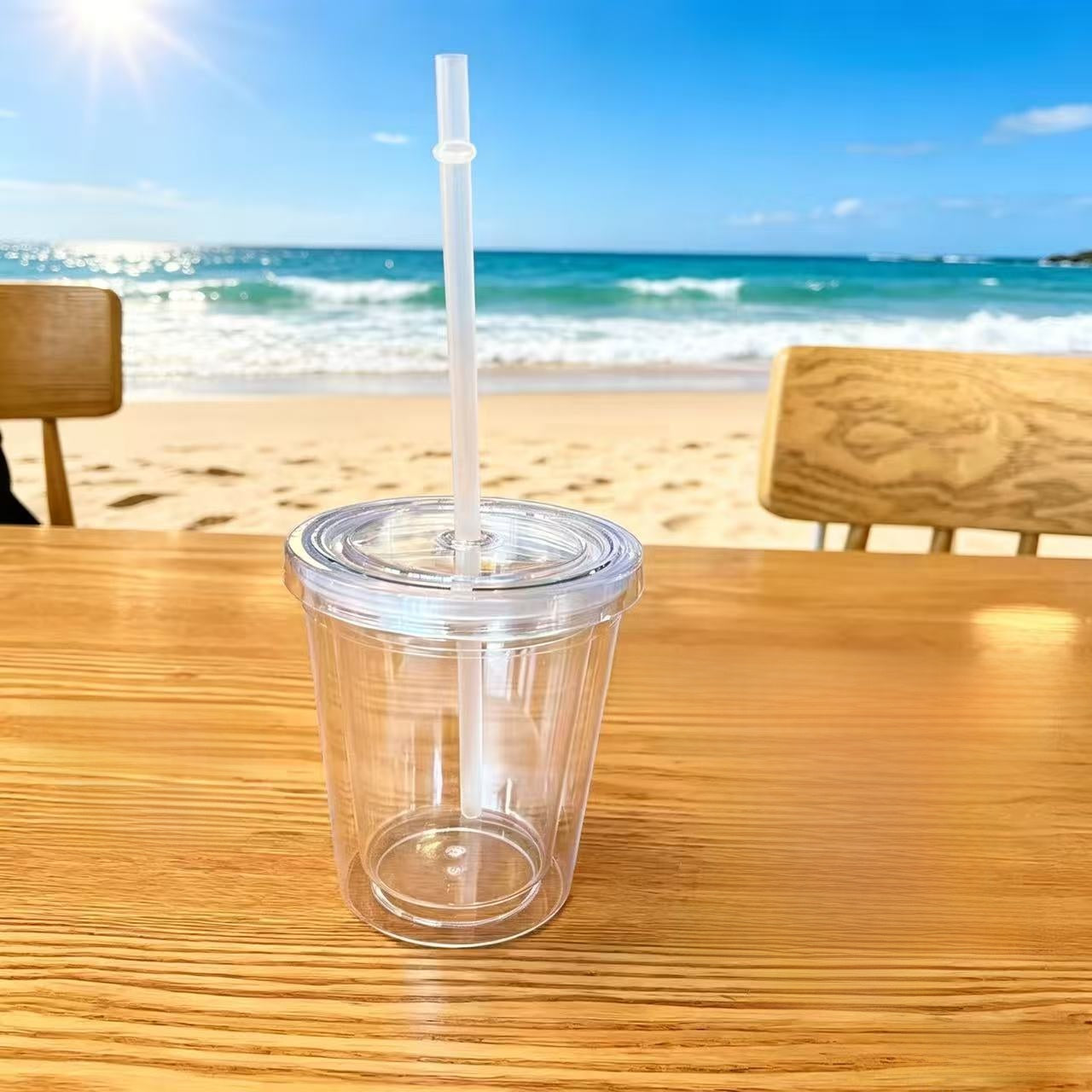 Transparent Double Layer Plastic Straw Cup