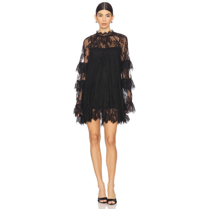 Transparent Lace A-line Dress with Bell Sleeves