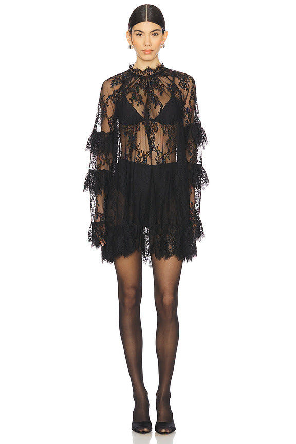 Transparent Lace A-line Dress with Bell Sleeves