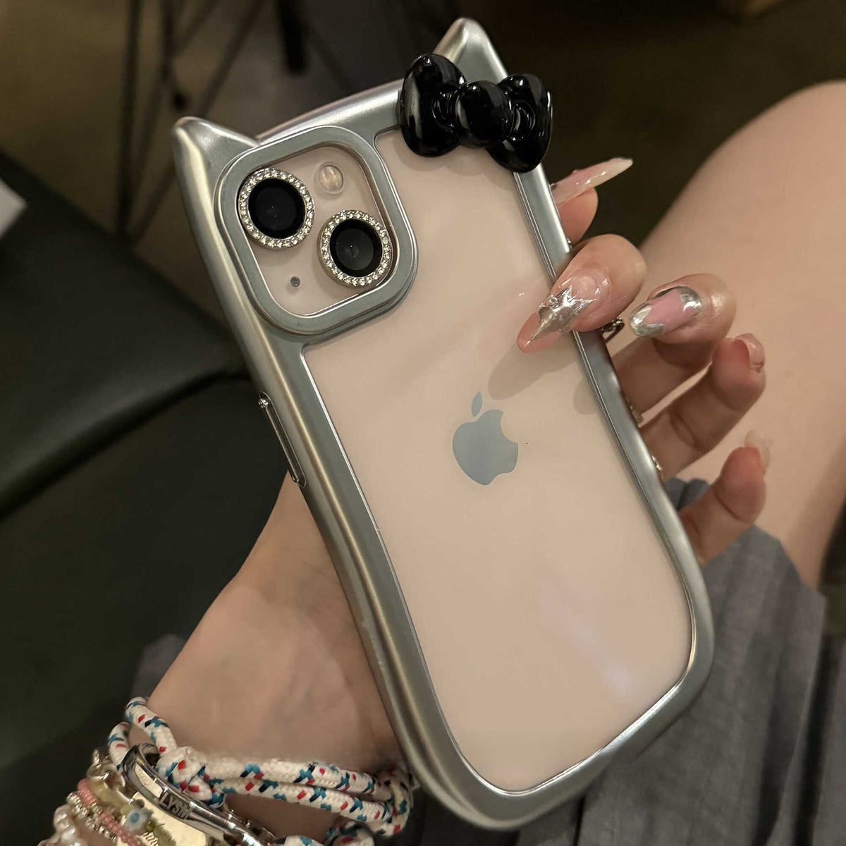 Transparent phone case with silver cat ears