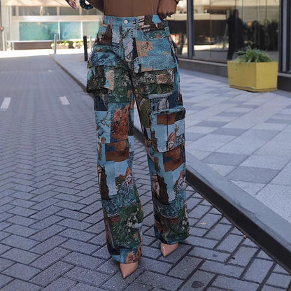 Trend Jacquard Vintage Multi-Pocket Crane Pants