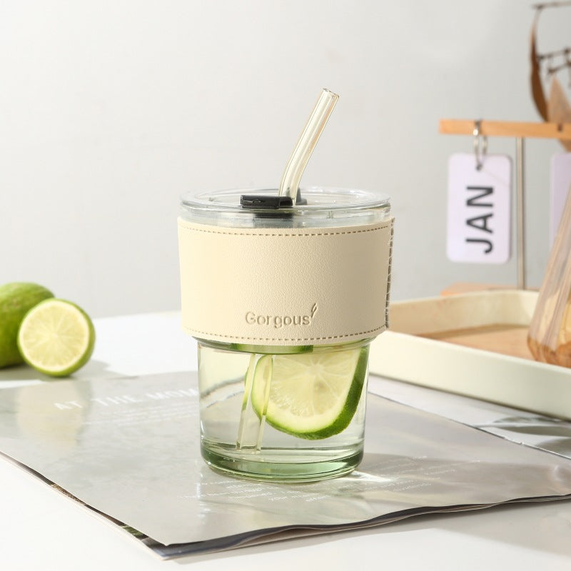 Trendy Bamboo Glass Cup with Straw and Sleeve