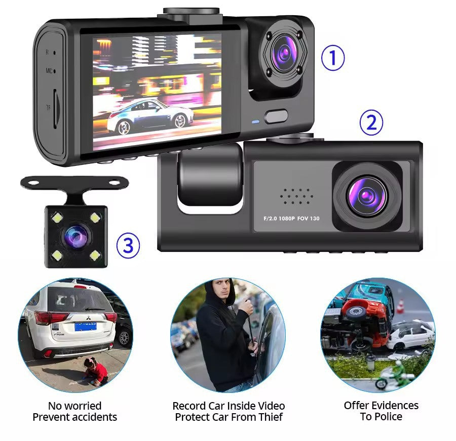 Triple Lens Car Dash Cam with WiFi Connectivity
