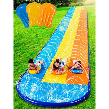 Triple Water Slide and 3 Body Boards Backyard Lawn Water