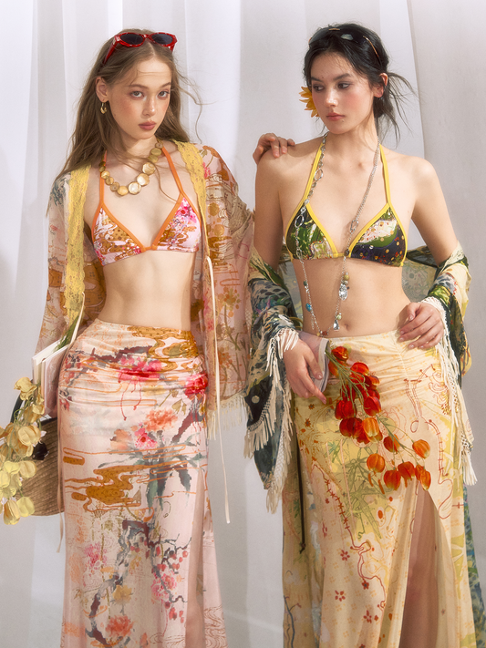 Tropical Floral Print Bikini Three-Piece Set with Scarf