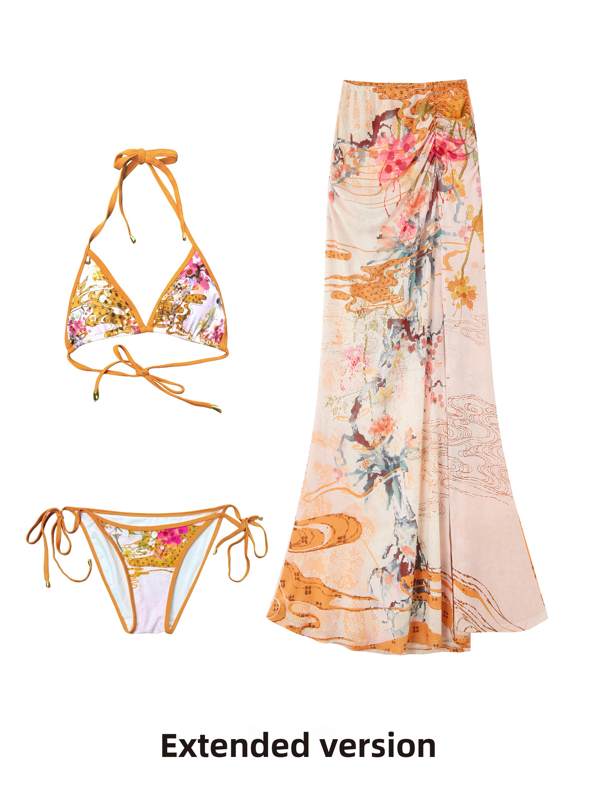 Tropical Floral Print Bikini Three-Piece Set with Scarf