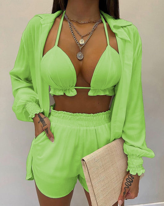 Tropical printed lantern sleeve shirt and shorts set