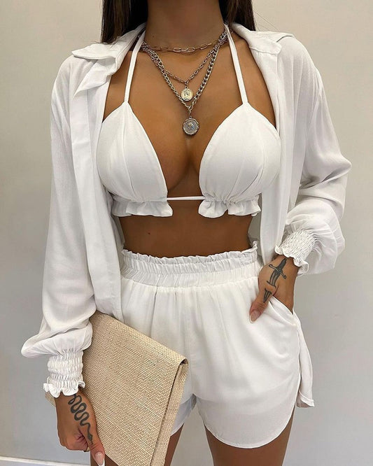 Tropical printed lantern sleeve shirt and shorts set