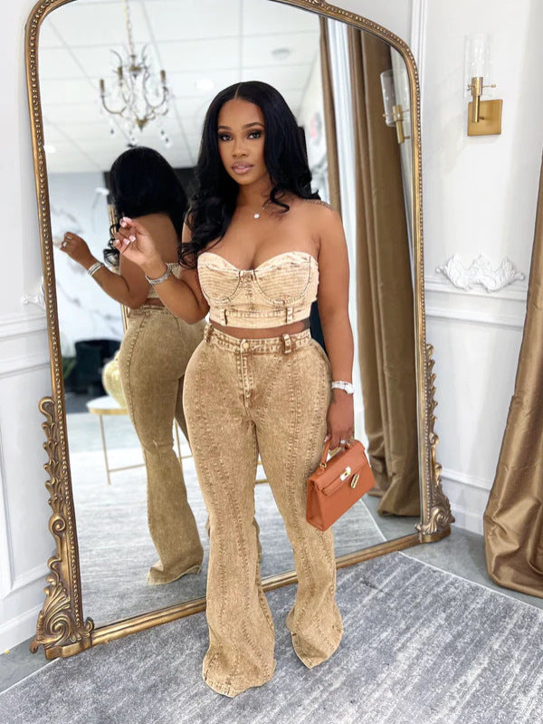 Tube Top Elastic Washed Denim Pants Suit