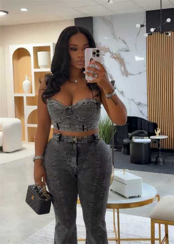 Tube Top Elastic Washed Denim Pants Suit
