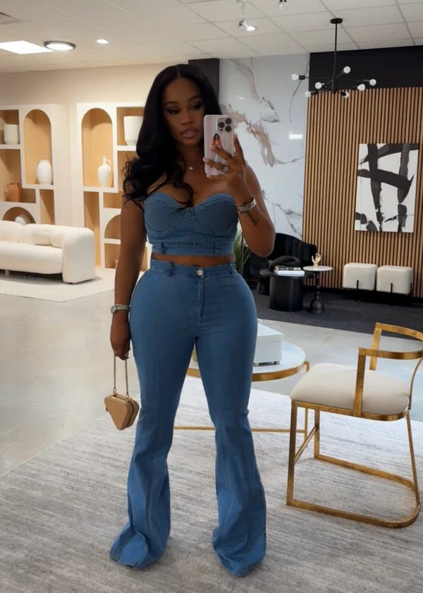 Tube Top Elastic Washed Denim Pants Suit